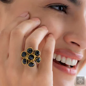PRAO Alluring Black Crystal Cocktail Ring (Adjustable Size)