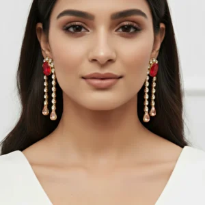 PRAO Anti-Tarnish Oval Dangle Earrings With Studded Chain & Drop Crystal