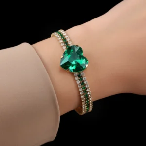 PRAO Anti-Tarnish Oversized Emerald Green Crystal Heart Bracelet (Adjustable Size)